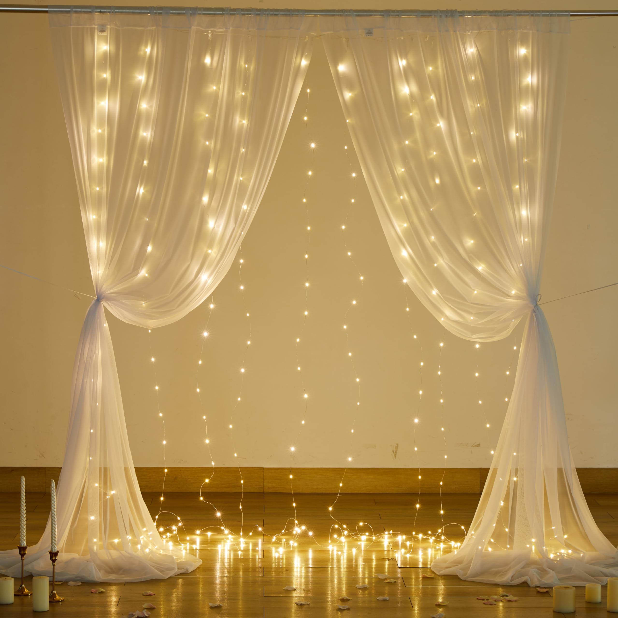 10FT x 7FT White Sheer Curtains with Lights String Tulle Curtain for Living Room Bedroom Parites Wedding Birthday Decorations 2 Panels 60" Wｘ84 L