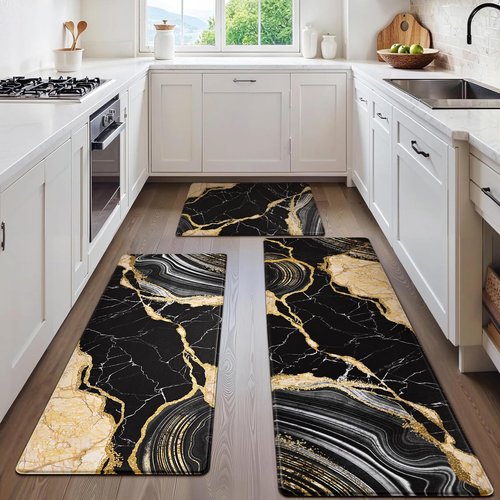 ASPMIZ 3 Piece Marble Kitchen Runner Rugs Set, Anti Fatigue Cushioned Kitchen Floor Mats, Black Gold Marble Kitchen Rugs Non Slip, PVC Waterproof Kitchen Mats 18'' x 30'' + 18'' x 48'' + 18'' x 60''