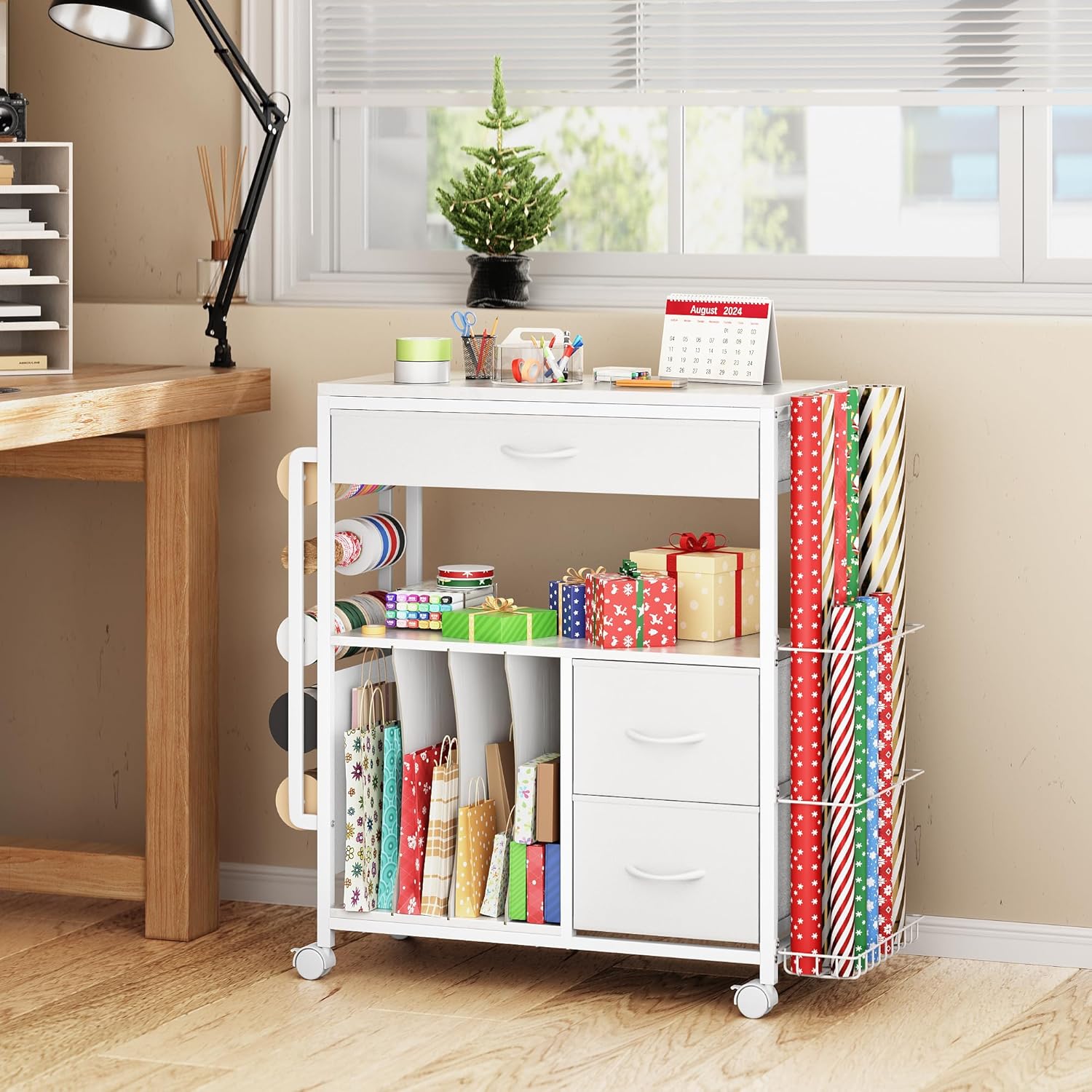 PUNLUXU Wrapping Paper Storage Cart - Rolling Gift Wrap Organizer with Ribbon & Bag Storage | Patent Protected Design