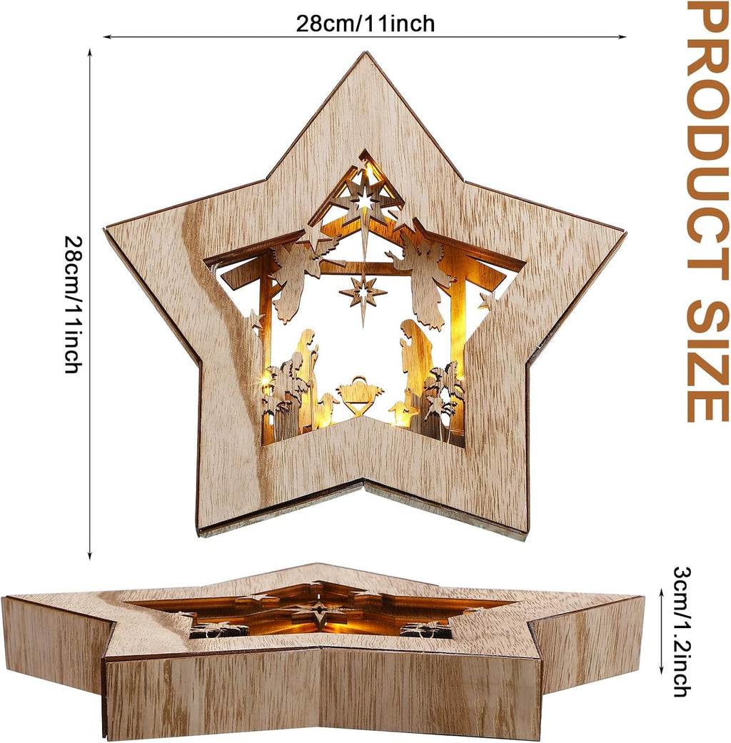 Skiennix Wooden Nativity Scene Set - Rustic Christmas Tabletop Decoration with LED Light | Indoor Decor