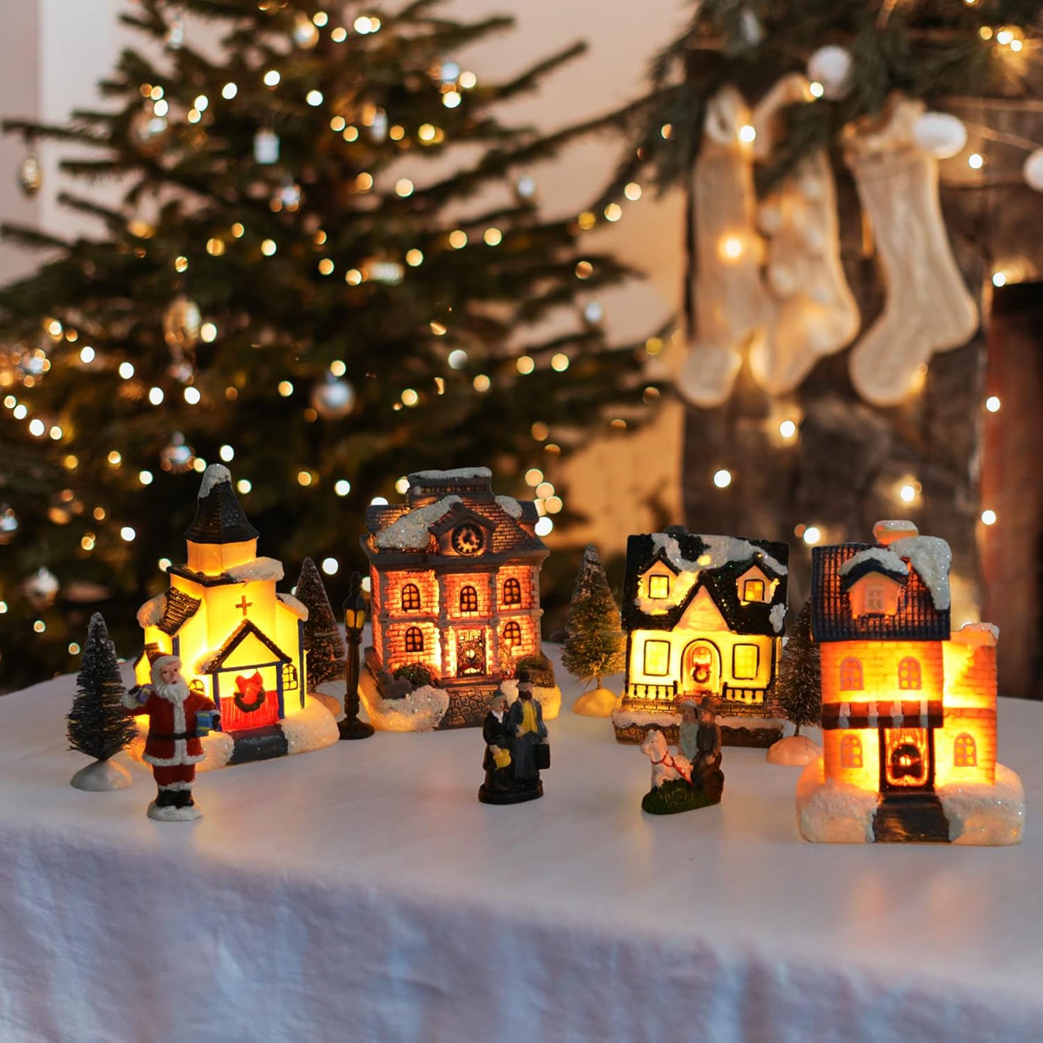 Skiennix Christmas Village Set | LED Lighted Houses with Figurines | Collectible Indoor Decor