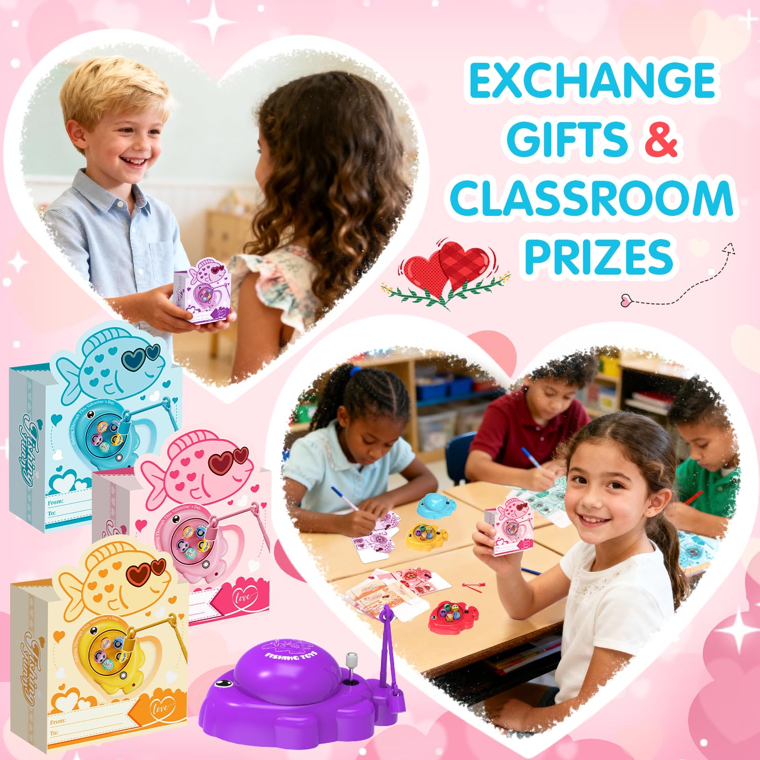Valentines Day Gifts for Kids, 28Pcs Magnetic Fishing Game with Gift Cards Box, Wind-Up Fishing Toys with 360° Rotation for Girls Boys Ages 3-8 Valentines Party Favors Classroom School Exchange Prize