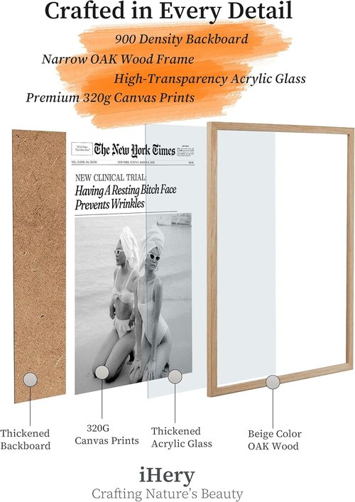 iHery Trendy Wall Art - Prevent Wrinkles with Framed Newspaper Design | Natural Oak Wood, Large 16x20in