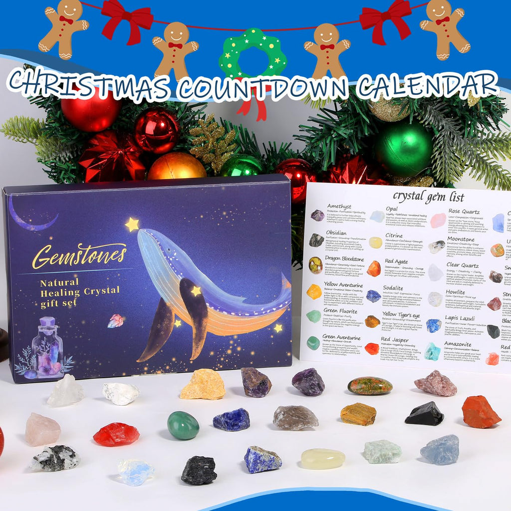 MAIBAOTA Crystal Advent Calendar 2025-24 Day Christmas Countdown Calendars for Adult Teens - Geographic Gemstone Rocks and Minerals Collection - Natural Crystals and Healing Stones