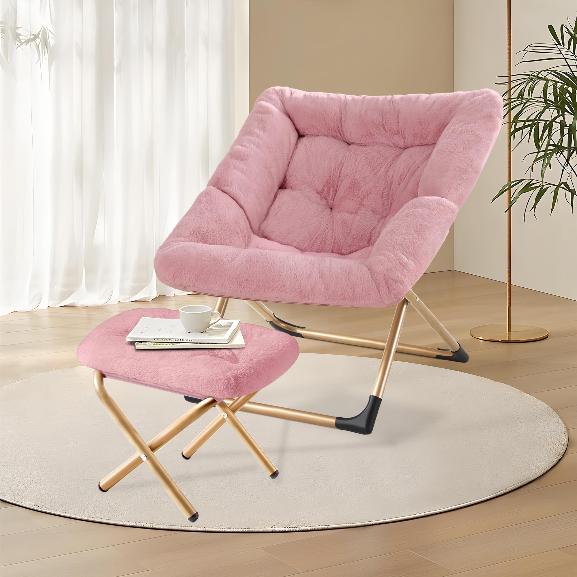Youtanic Comfy Oversized Saucer Chair with Ottoman,Soft Faux Fur Reading Lounge Chair for Adults,Stable X-Large Metal Frame and Non-Slip Pad,Cozy Chair for Bedroom, Living Room, Dorm, Office, Pink