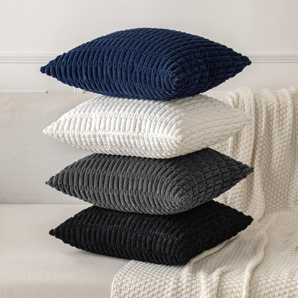MIULEE Euro Sham Pillow Covers - Soft Corduroy Boho Striped Design | 24x24 Inch Dark Blue for Modern Home Decor