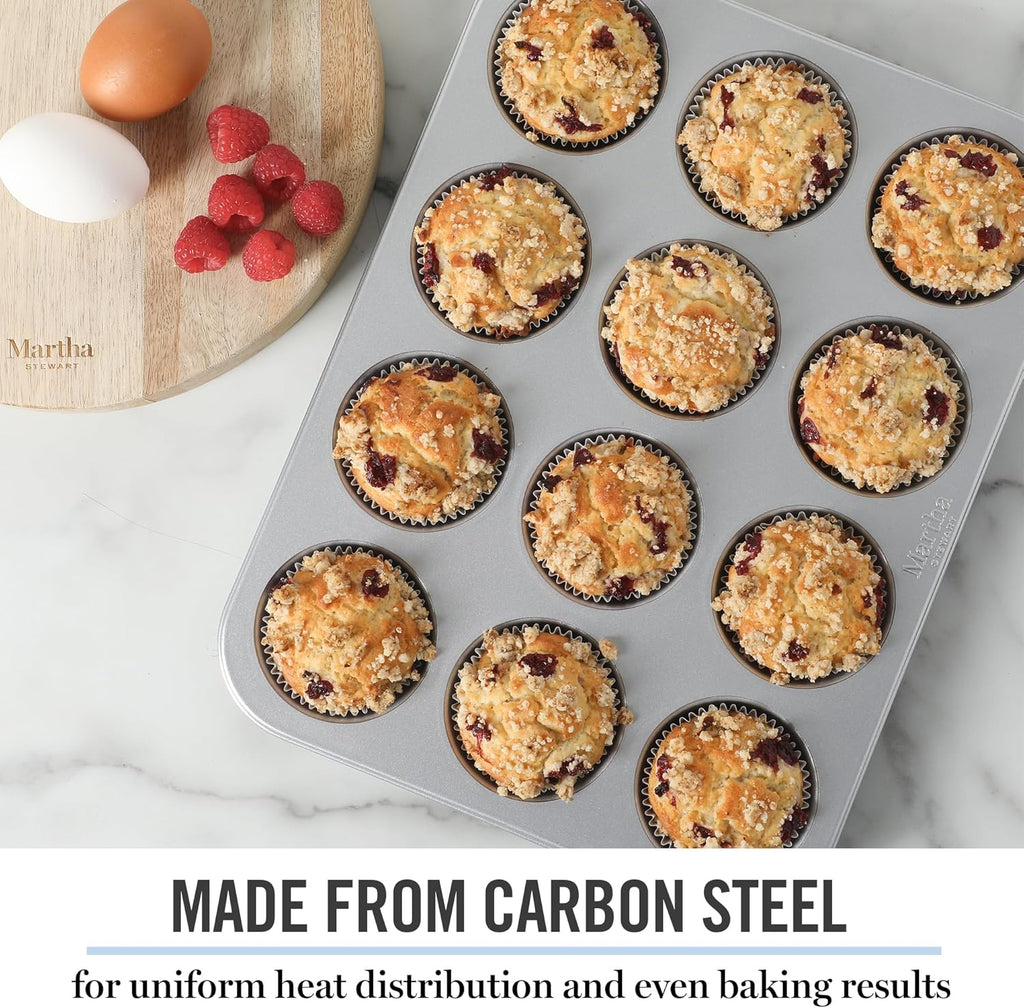 Martha Stewart Gallen 12-Cup Nonstick Muffin Pan - Durable Silver Bakeware for Perfect Muffins & Cupcakes