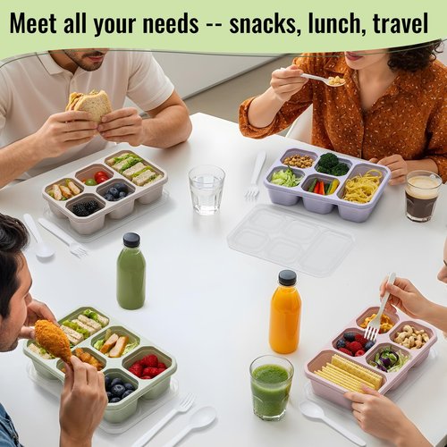 Snuvid 4-Pack Bento Box Adult with Lunch Bag, 5 - Compartment Snack Containers, Reusable Snackle Box with Lids, Meal Prep Containers for Work, Travel and Camping