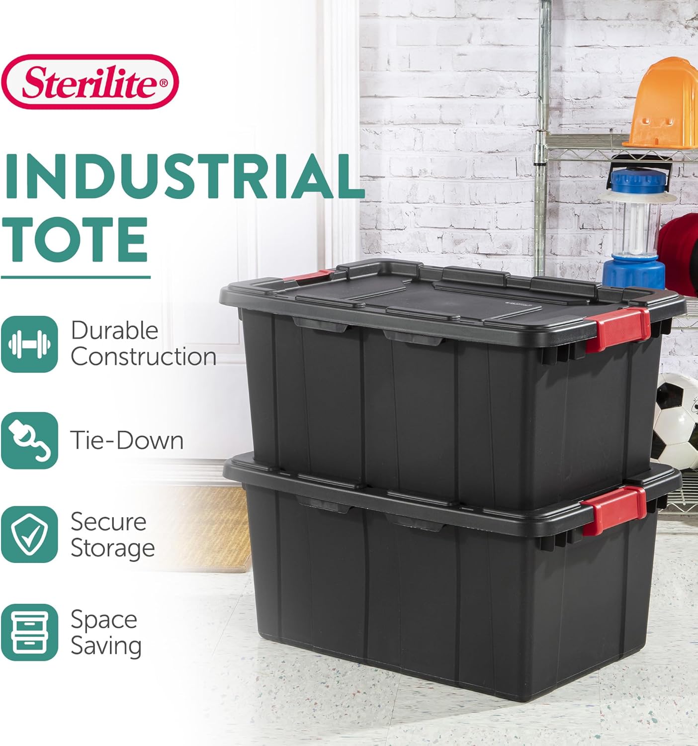 Sterilite 6-Pack Industrial Tote | Heavy-Duty 15 Gallon Plastic Storage Bins with Lids - Black