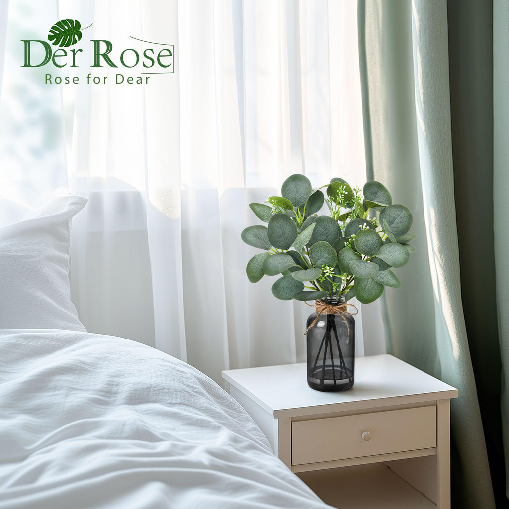 Der Rose 13.5" Fake Plants for Black Bathroom Decor Artificial Eucalyptus Stems in Black Glass Vase with Faux Water for Office Desk Accessories Farmhouse Home Table Centerpiece Decor（Sage Green）