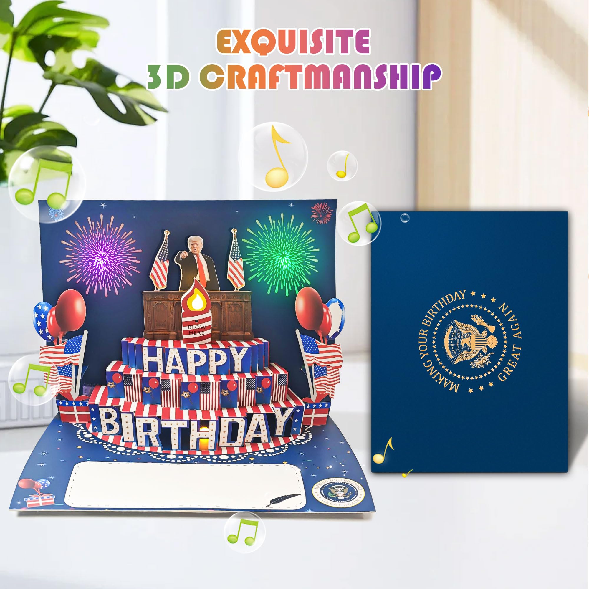 BELLESTILE Donald Trump Birthday Card with Lights and Music,3D Pop Up Fireworks Birthday Card with Blowable Candle,Greeting Cards,Birthday Gifts for Mom Women Men Kids Child Dad Father Wife ﻿