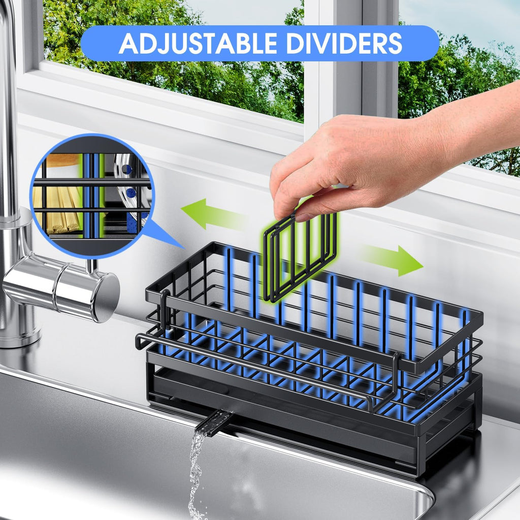 Rustproof Kitchen Sink Sponge Holder by [Brand Name] - Non-Slip Self-Draining Metal Caddy with Detachable Dish Cloth Holder (Black)