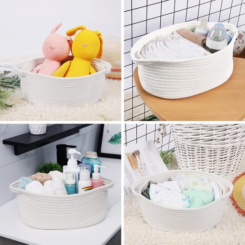 ABenkle Decorative Rope Woven Storage Basket - Small Toy Organizer with Handles | 12"x8"x5", White