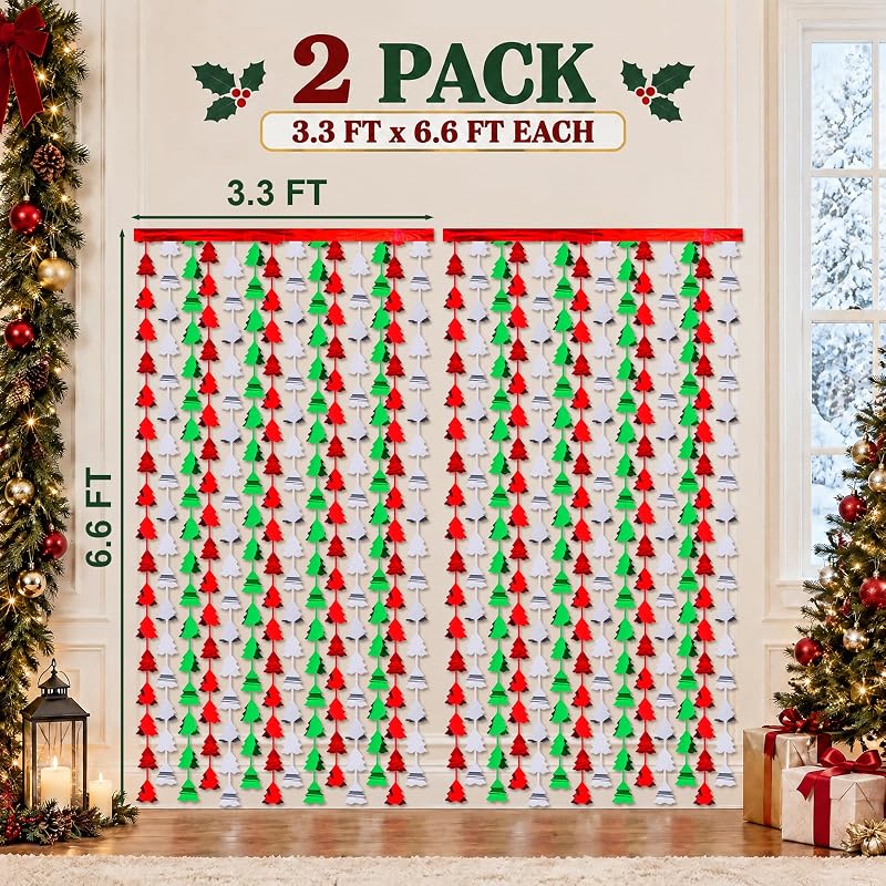 Mega-L 2 Pack Christmas Foil Fringe Curtains - 3.3 x 6.6 ft Tree Shaped Backdrop, Red-Silver-Green, Variation Red Silver Green+2 Pack