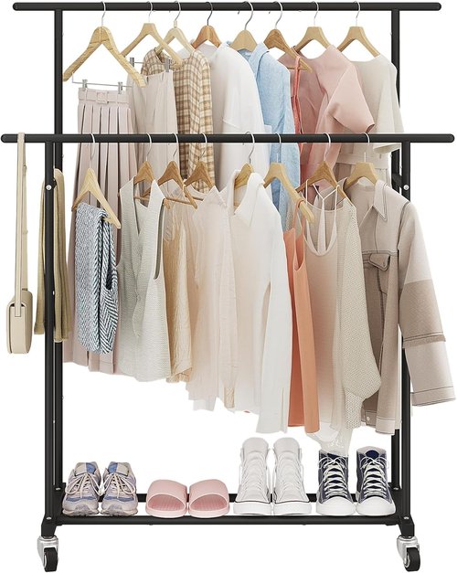 Calmootey Double Rod Clothing Rack - Portable Rolling Garment Organizer for Bedroom & Living Room - Black