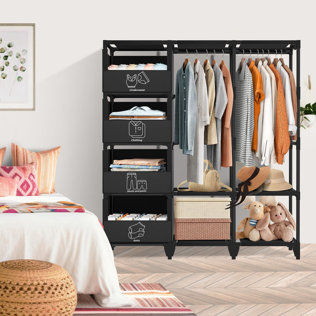 Jofuler Portable Closet, Easy Assembly, Large Capacity Wardrobe Closet, Sturdy and Stable Clothes Rack with Shelves 4 Storage Baskets and 2 Hanging Rods, for Bedroom and Cloakroom Black