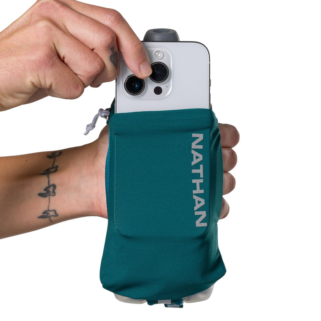 Nathan SpeedDraw 2 Insulated Handheld Running Water Bottle Flask – Double-Wall Insulation, Ergonomic Grip, Blast Valve Cap, Phone & Key Storage Pockets, Reflective Design, 12oz Insulated - Deep Teal