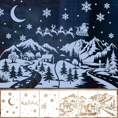 Leinuosen 6 Pcs Christmas Window Stencils - Reusable Winter Village & Santa Claus Designs | 35.4 x 33 Inches