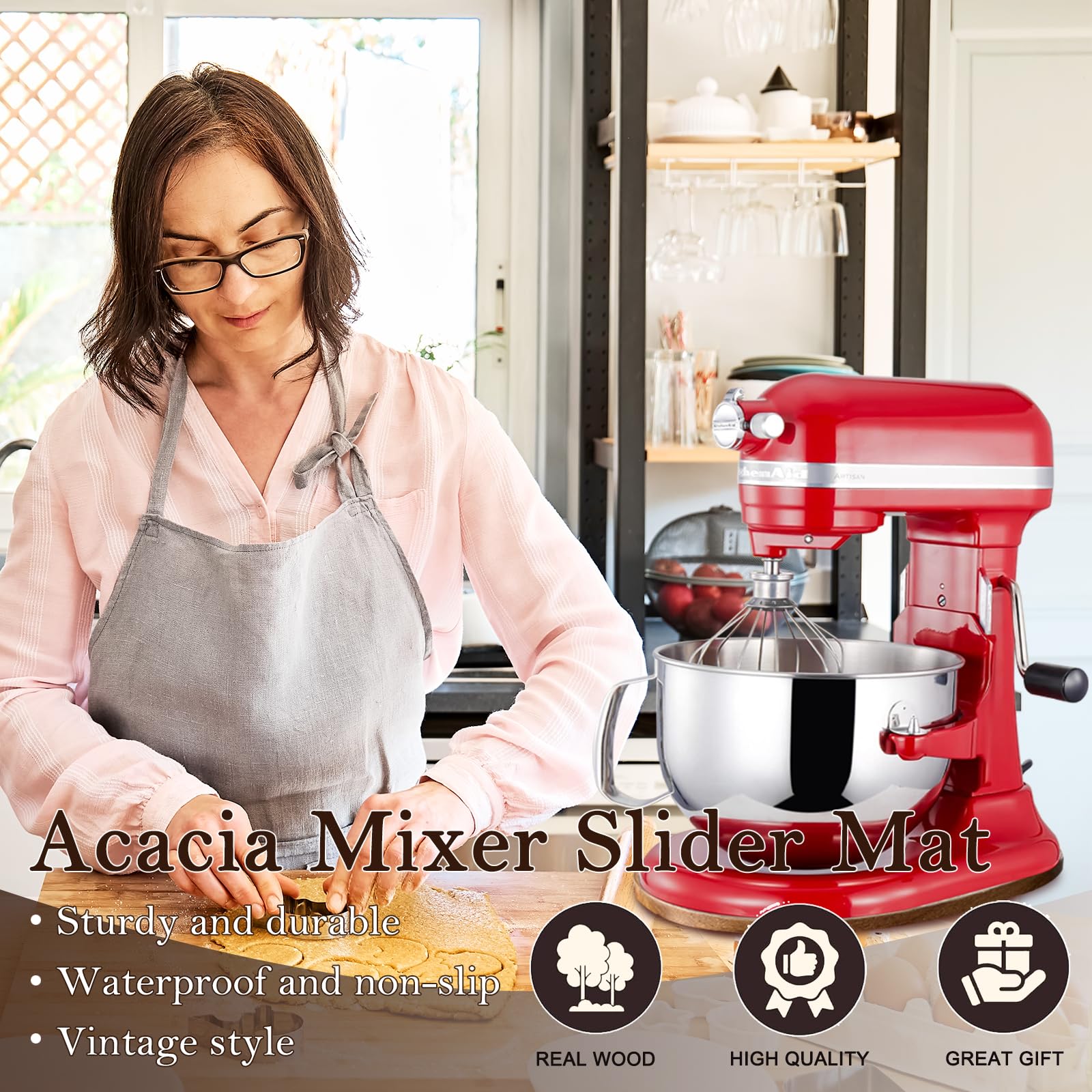 Acacia Wood Mixer Slider Mat for Kitchen Aid 5-8 Qt Tilt-Head Stand Mixer Kitchen Appliance Slider Tray Countertop Storage Attachments