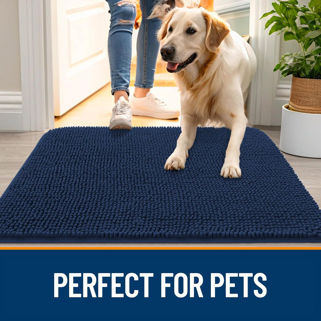 OLANLY Dog Door Mat - Absorbent Non-Slip Chenille Mat for Muddy Paws | 40x32, Dark Blue, Quick Dry