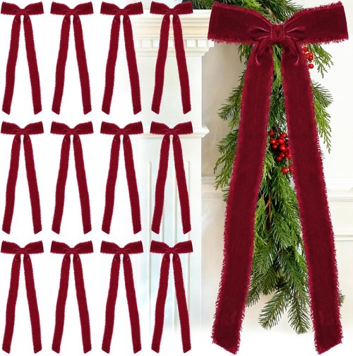 Burgundy Velvet Christmas Bows - 20 Pcs Large Pre-Tied Handmade 4.7"x11" Gift Wrapping Decor