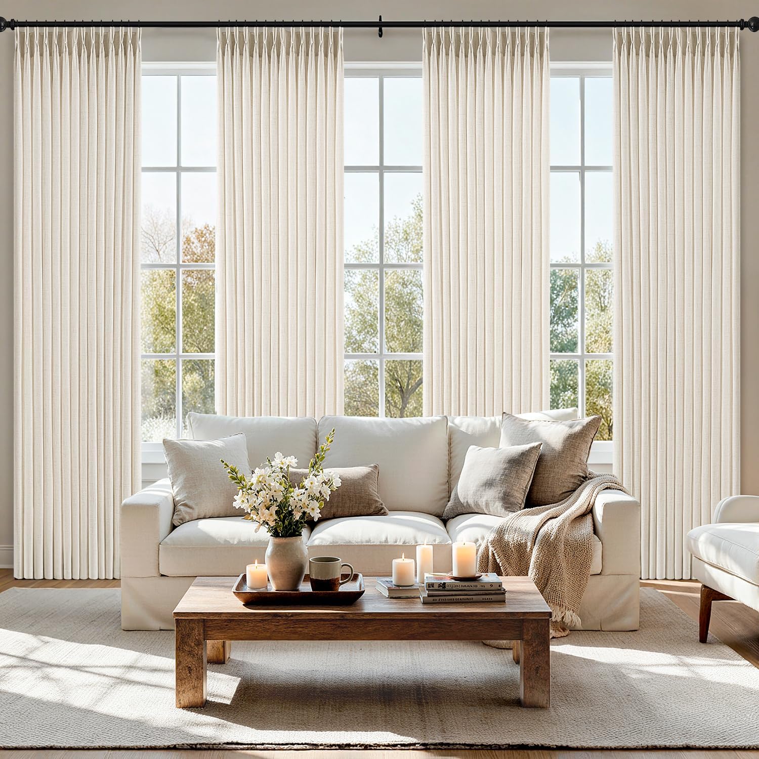 MIULEE Pinch Pleated Thick Linen Curtains - 90-Inch Ivory Cream Semi-Sheer Drapes | 4 Panels for Living Room & Bedroom