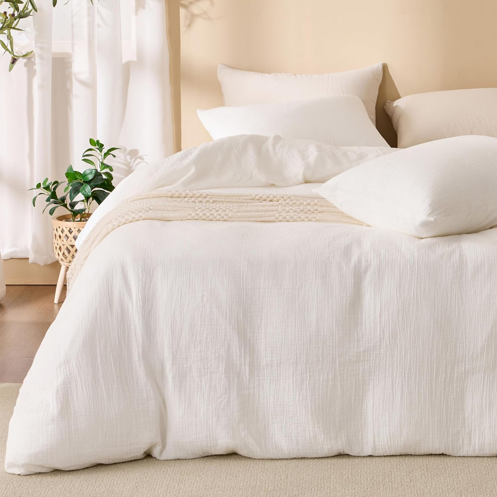 Skiennix Off White Duvet Cover Set - 100% Sandwashed Cotton, Soft & Cozy | Queen Size 90 x 90 Inches