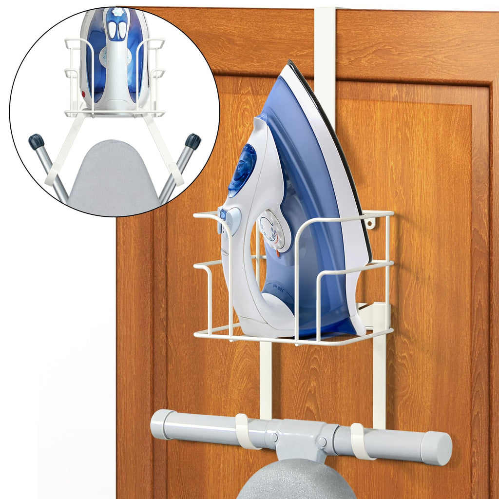 ORLESS Over The Door/Wall Mount Ironing Board Hanger, Laundry Room Iron and Ironing Board Caddy Storage Holder (White)