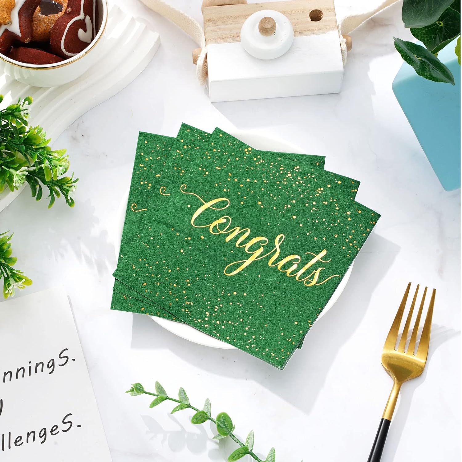 Whaline Graduation Cocktail Napkins - 80 Pack Green & Gold Foil Congrats Design | Disposable Tableware