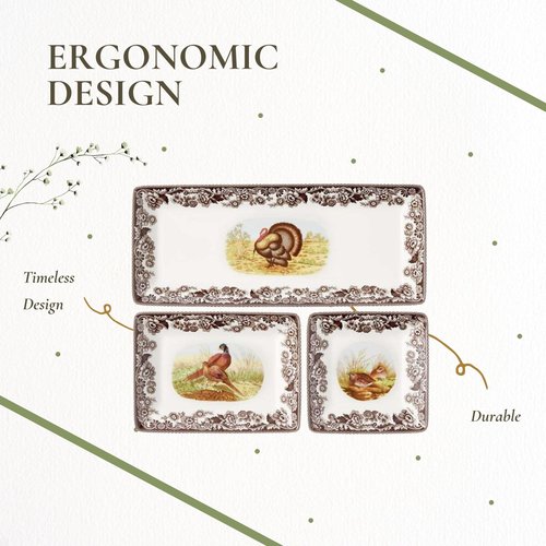 Spode Woodland 3-Piece Porcelain Tray Set - Turkey, Pheasant, Otter Wildlife Art, Great for Holiday Appetizers & Snacks - Stackable Design with Floral Borders, Dishwasher Safe, Oven Safe Trays