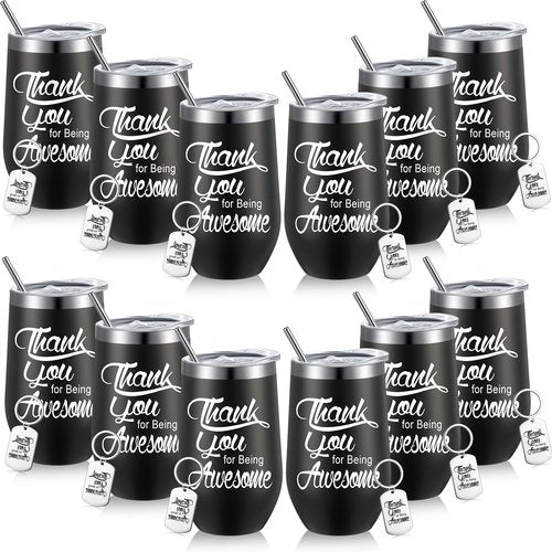 SiliFine 16 oz Appreciation Gifts Thank You for Being Awesome Wine Tumbler Thank You Gifts for Women Staff Employee Inspirational Appreciation Keychain, Stainless Steel Tumbler (Black,12 Sets)