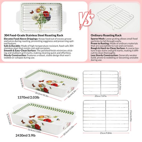 ACMLIFE Ceramic Casserole Dish for Oven, Ceramic Baking Dish Set with Roasting Racks, Floral Baking Dishes for Oven Lasagna Pan, Large Baking Dish with Handles, Durable and Oven Safe Pan, Gift Packaging 4 Pcs Set(13"x8"+10.3"x6.3") (Beauty Roasting Rack)