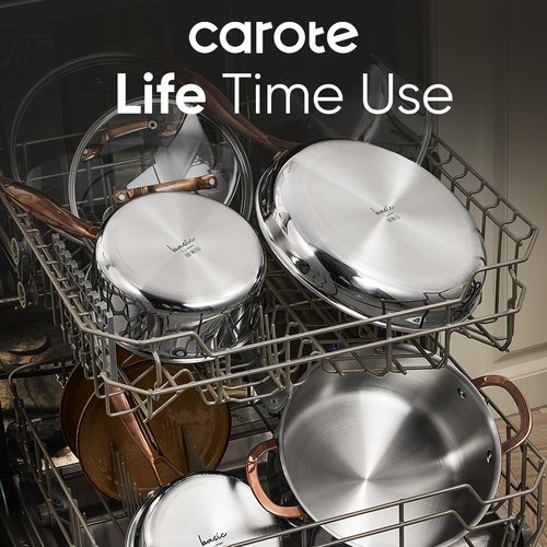 CAROTE 8"+10" +12" Stainless Steel Frying Pan Set, Non-Toxic PTFE & PFOA Free Fry Pan & Omelet Pan, Oven Safe, Compatible with Induction, Ceramic, Gas Cooktops, Silver