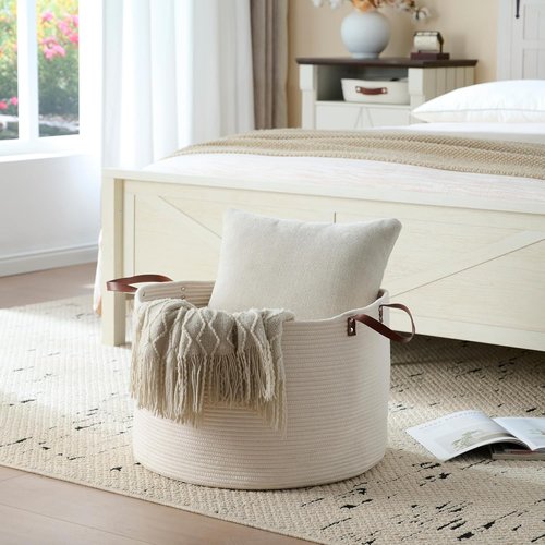 Luxury Nursery Storage Basket - 100% Cotton Rope, Extra Large 22 x 22 x 14 Inches | Off White with Leather Handles