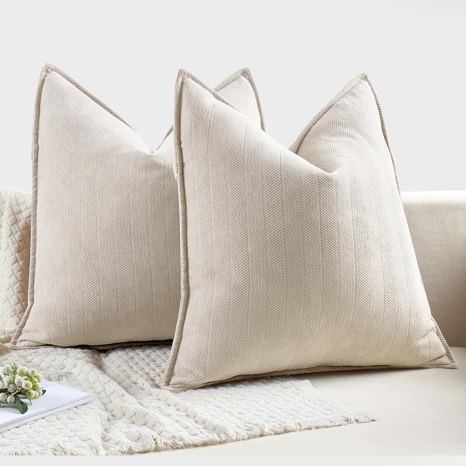 MIULEE Pack of 2 Cream Beige Decorative Pillow Covers 20x20 Inch Soft Chenille Luxurious Couch Throw Pillows Farmhouse Cushion Covers with Elegant Design for Sofa Bedroom Living Room Summer Decor