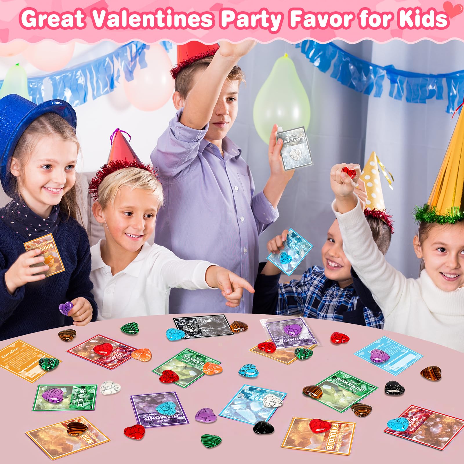 Jumlys Valentines Day Gifts for Kids, 24 Packs Valentines Day Cards with Heart-shaped Gemstone for School, Valentine Day Party Favors for Boys Girls, Ideal Exchange Cards for Classroom