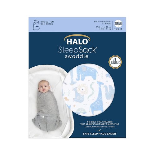 HALO 100% Cotton Sleepsack Swaddle - 3-Way Adjustable Wearable Blanket, TOG 1.5, Blue Safari, Newborn (0-3 Months)