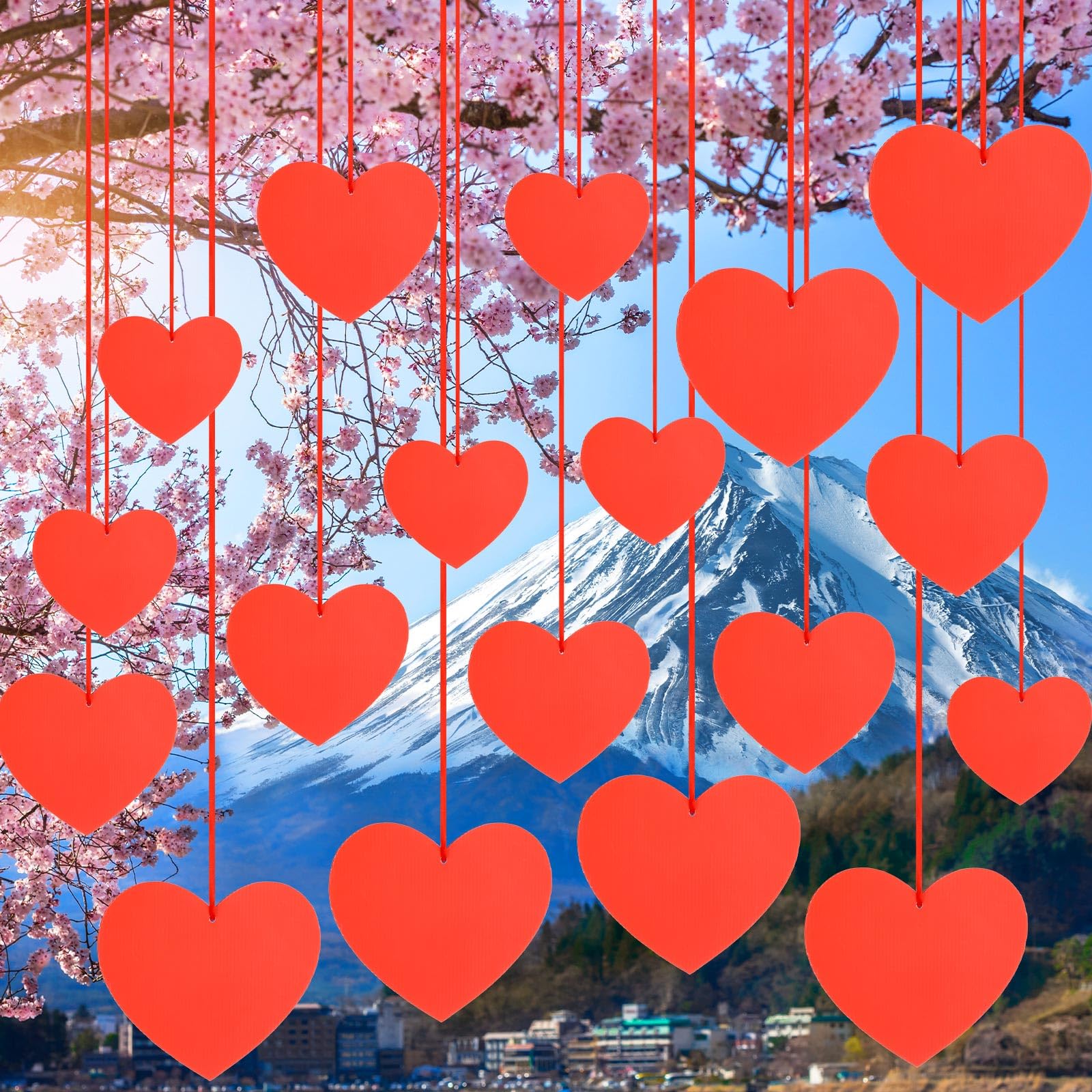 Hanaive 18 Pcs 3 Sizes Valentine's Day Outdoor Decorations Red Hanging Heart Ornaments with 3 Rolls 24 Yard Polyester Silk Satin Ribbon for Porch Tree Lawn Yard (Red)