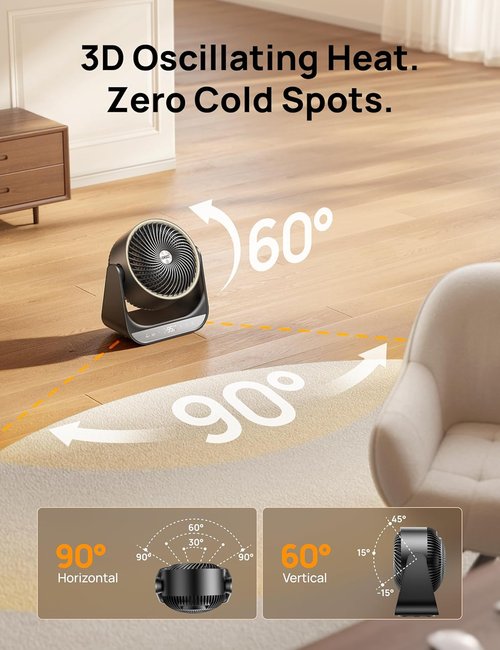 DREO Whole Room Heater - 3D Oscillating Heating with Long-Range Circulator | 3 Heat & Fan Settings, Black