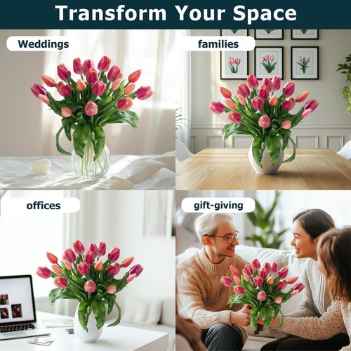 Bailikang 20PCS Fake Tulips 12' Artificial Tulip Silk Flowers Fake PU Bouquet Artificial Flowers Faux Flowers with Gift Box Soft Faux Tulips Bouquets Arrangements for Party Wedding Home