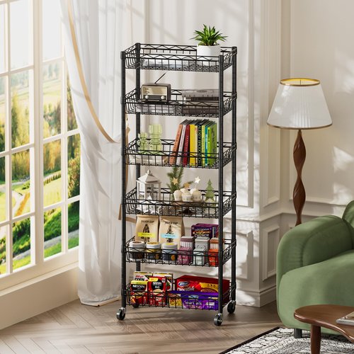 SINGAYE 6 Tier Basket Shelf Wire Shelving Unit Adjustable Storage Shelves Big Basket Rack for Garage Kitchen Office Pantry Corner 17" Dx12 Wx63 H Black