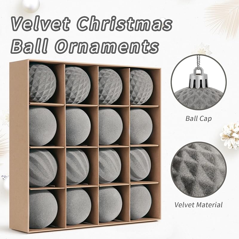 Artmag Grey 2.36 Inch 16 Pcs Velvet Flocked Christmas Balls Ornaments Set