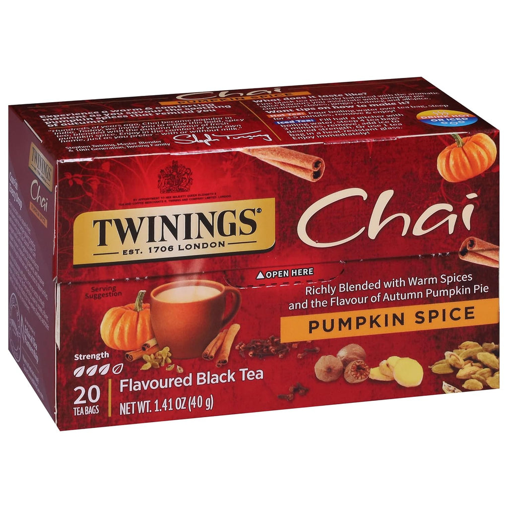 Twinings Pumpkin Spice Chai Black Tea - Warm & Spicy Flavor, 20 Individually Wrapped Bags (Pack of 6)