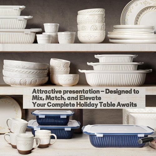 Artena Baking Dish - 5.1 Quart Casserole Dish With Handles - Deep Rectangular White Ceramic Bakeware, Blue