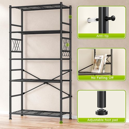5-Storage Shelves | Wobble-Free Metal Shelving Unit with Hooks - Adjustable Feet for Kitchen, Pantry & Laundry, 12"D x 30"W x 72"H