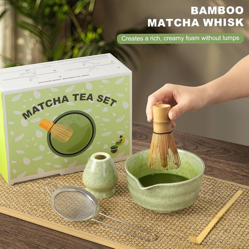 Dayacoco Matcha Whisk Set - Complete 5-Piece Ceramic Kit with Bowl, Whisk, Bamboo Scoop & Sifter | Perfect Gift for Tea Lovers (Green)
