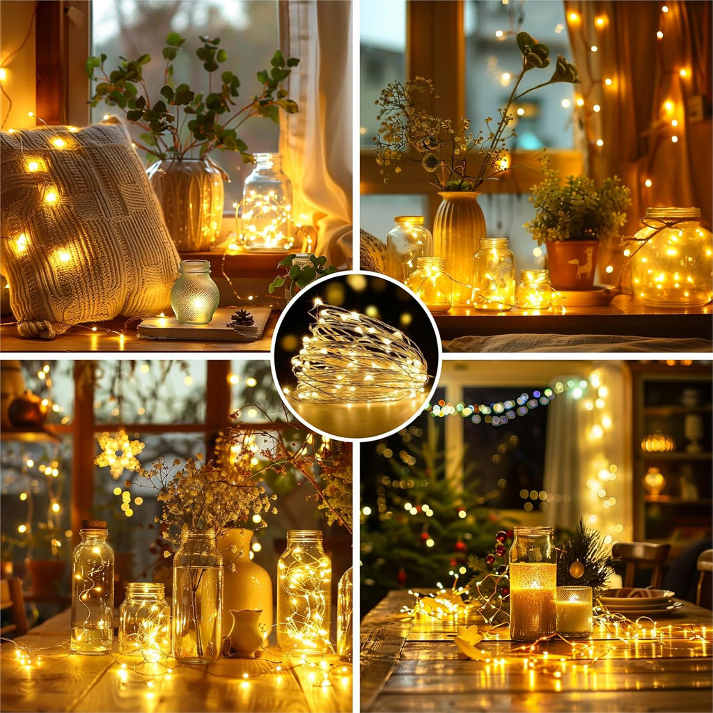 Skiennix 4 Pack Rechargeable Fairy Lights - 16FT 50 LED Indoor String Lights | 8 Modes & DIY Timer, Warm White