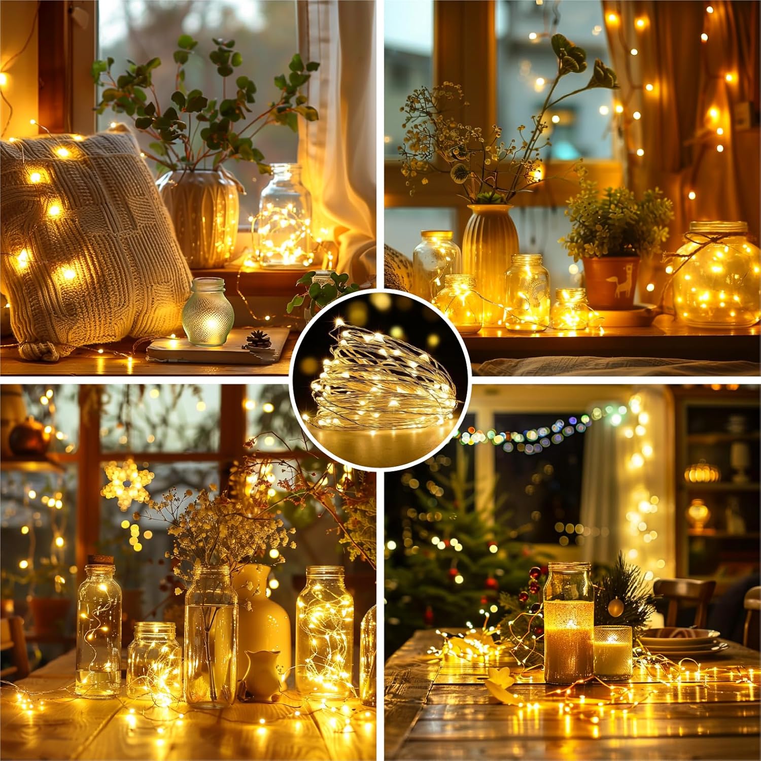 Skiennix 4 Pack Rechargeable Fairy Lights - 16FT 50 LED Indoor String Lights | 8 Modes & DIY Timer, Warm White