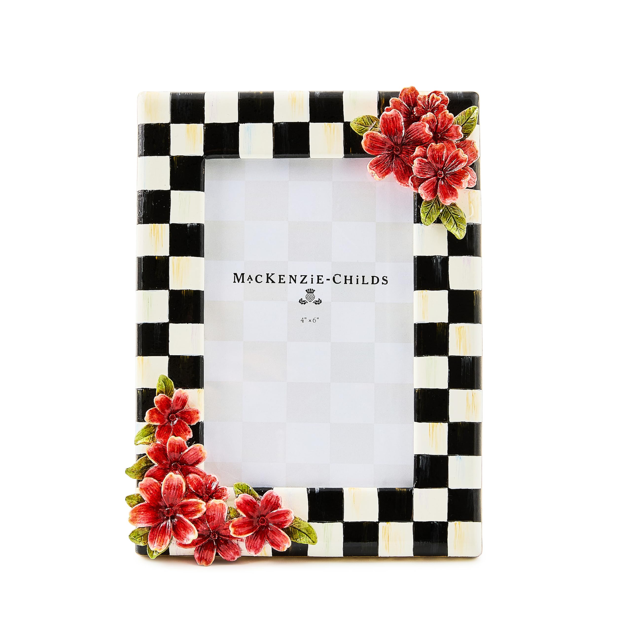 MACKENZIE-CHILDS Resin 4" x 6" Frame, Cute Picture Frame, Black-and-White Courtly Check Floral
