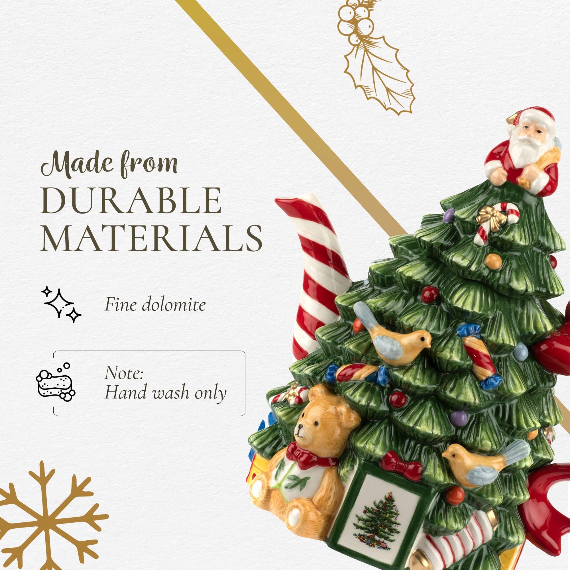 Spode Christmas Tree Figural Teapot - Festive 27 oz Christmas Teapot with Mistletoe Accents, Peppermint Stripe Spout, and Ribbon Handle - Decorative Dolomite Tea Pot for Holiday Tea Parties